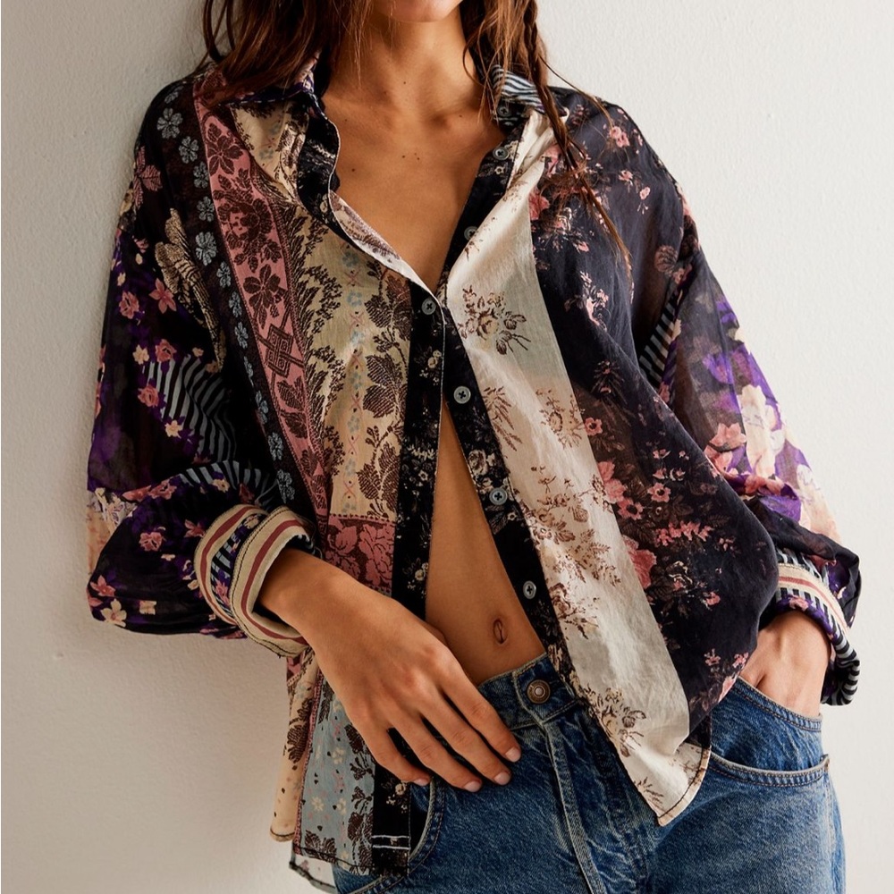 Free People We the Free Flower Patch button down top